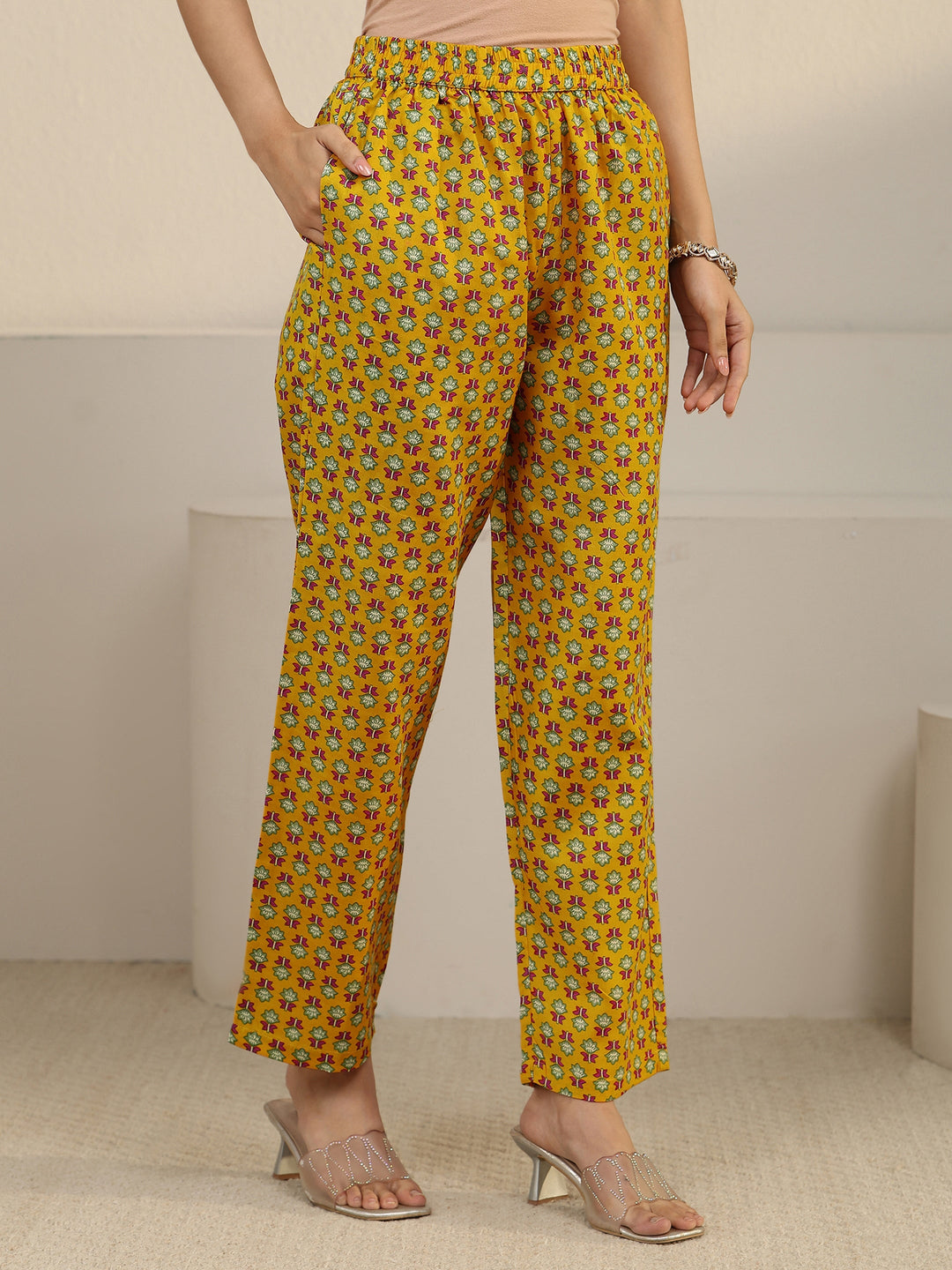Gerua Yellow Floral Printed Cotton Blend Straight Suit Set