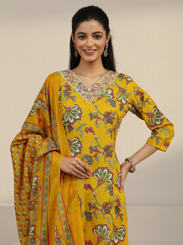 Gerua Yellow Floral Printed Cotton Blend Straight Suit Set