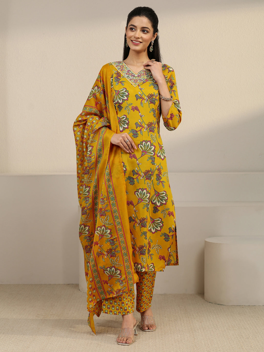 Gerua Yellow Floral Printed Cotton Blend Straight Suit Set