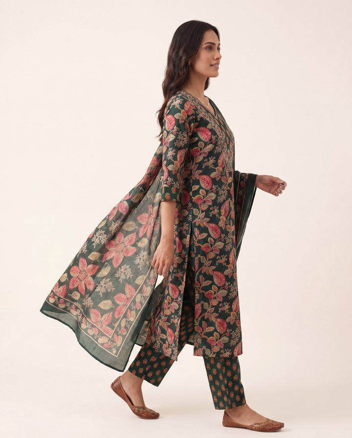 Green Floral Printed Cotton Blend Straight Suit Set With Dupatta