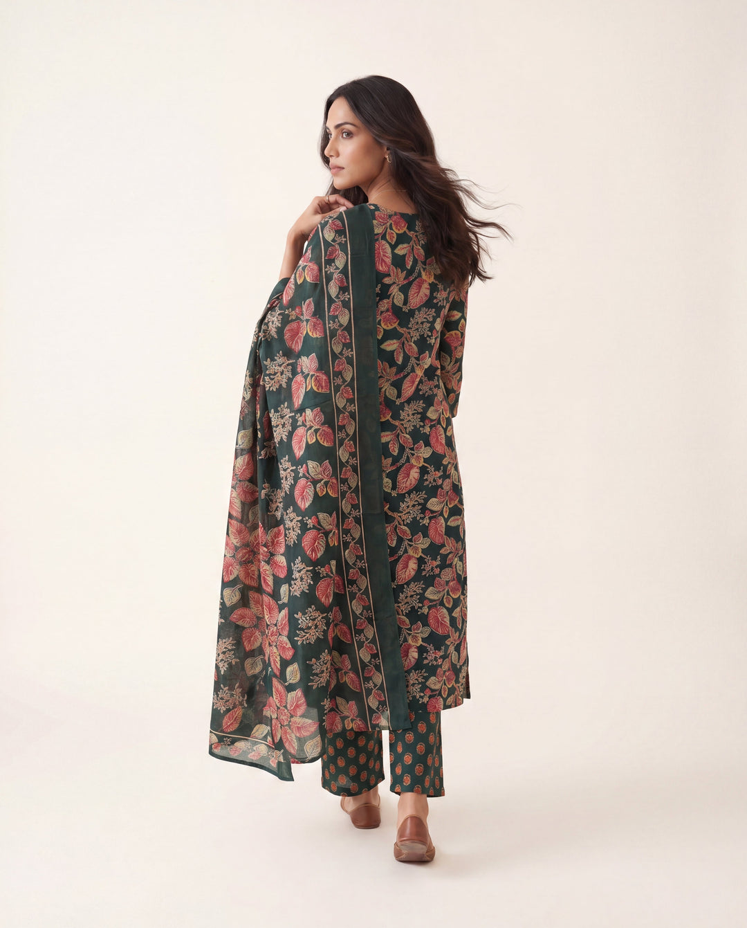 Green Floral Printed Cotton Blend Straight Suit Set With Dupatta