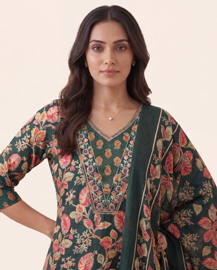 Green Floral Printed Cotton Blend Straight Suit Set With Dupatta