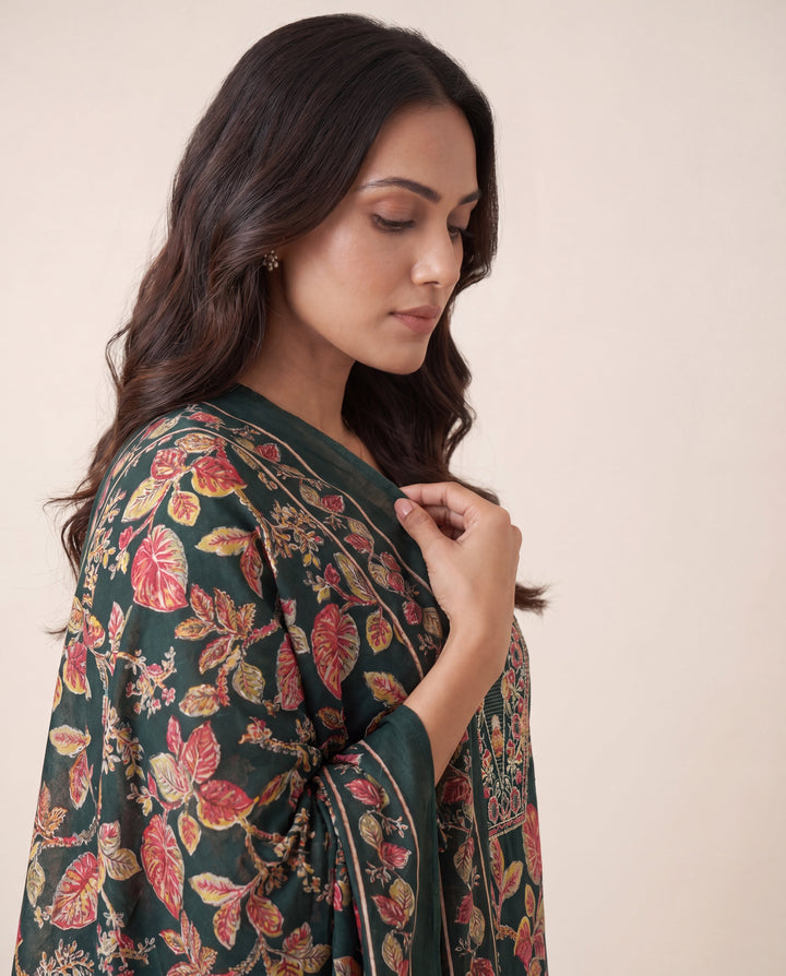 Green Floral Printed Cotton Blend Straight Suit Set With Dupatta