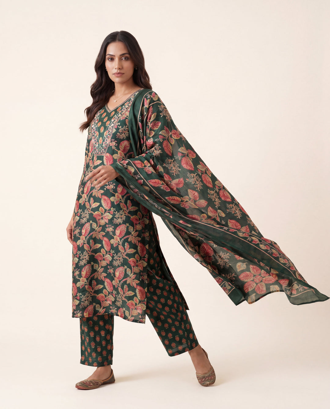 Green Floral Printed Cotton Blend Straight Suit Set With Dupatta