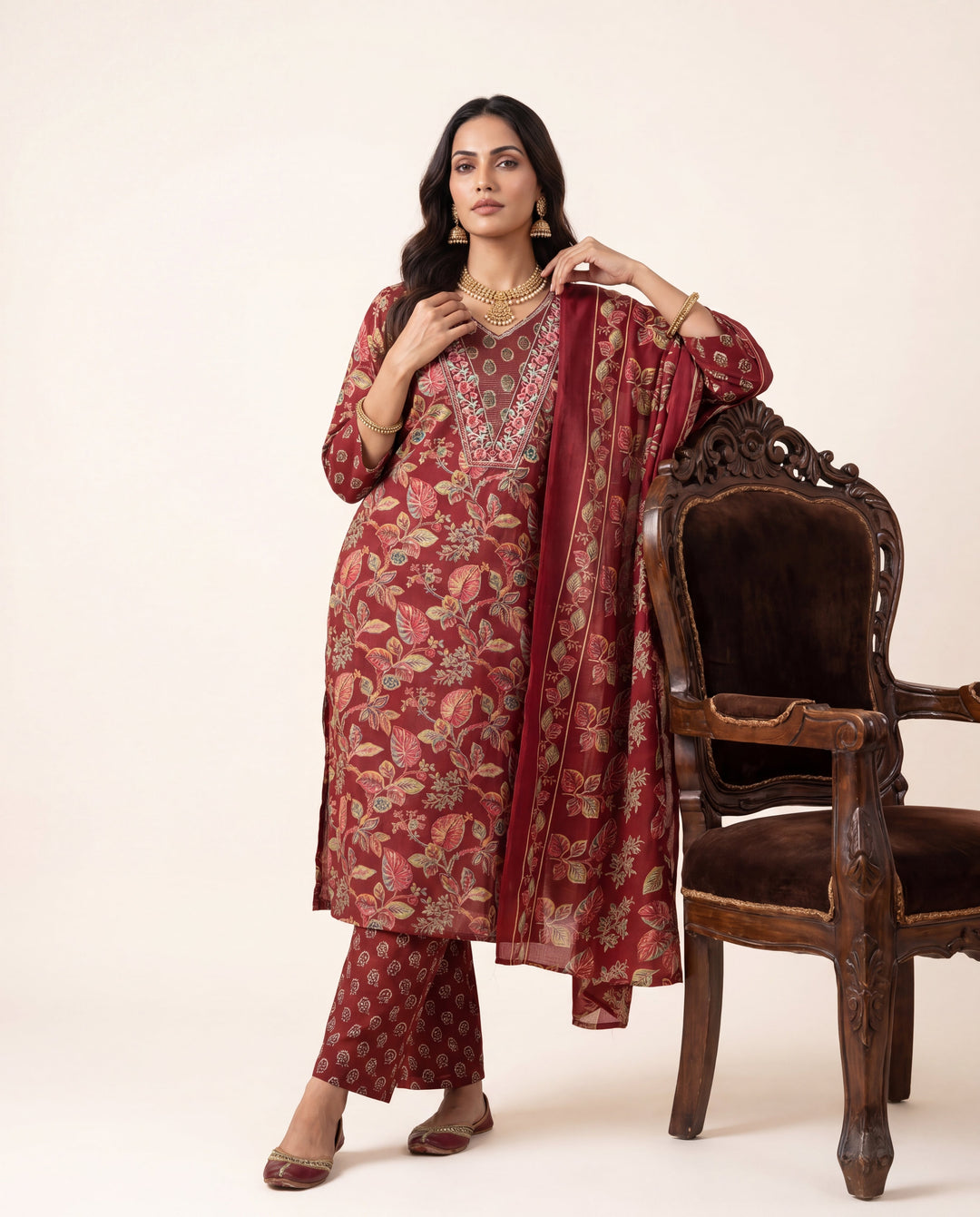 Maroon Floral Printed Cotton Blend Straight Suit Set With Dupatta