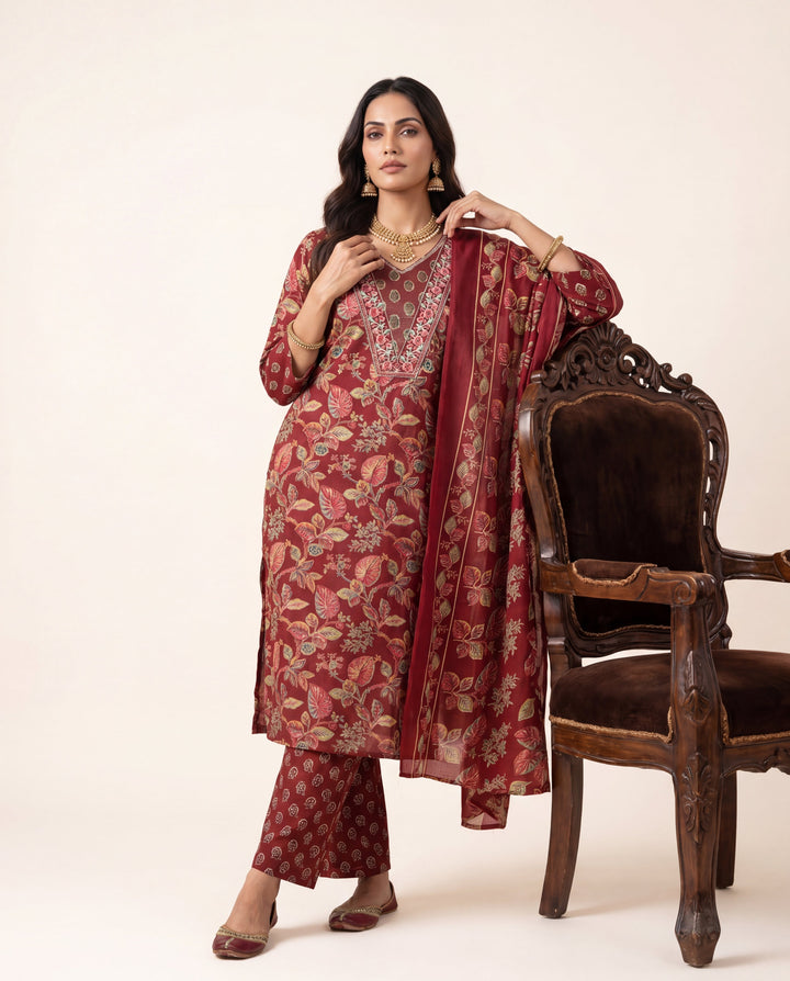 Maroon Floral Printed Cotton Blend Straight Suit Set With Dupatta