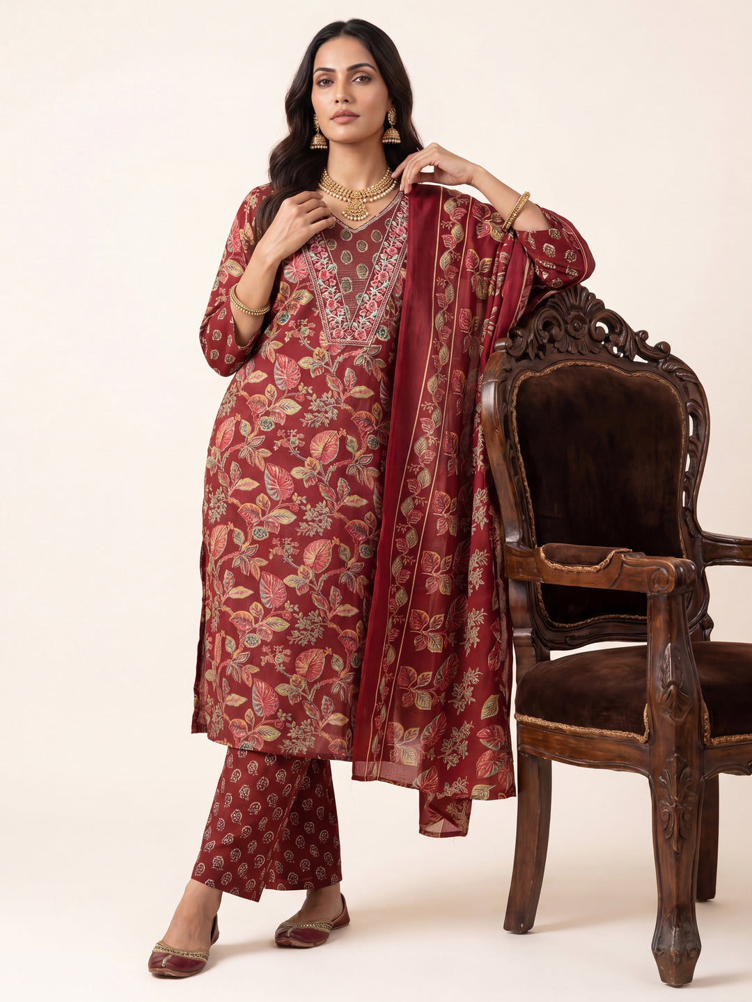 Gerua Maroon Floral Printed Cotton Blend Straight Suit Set With Dupatta
