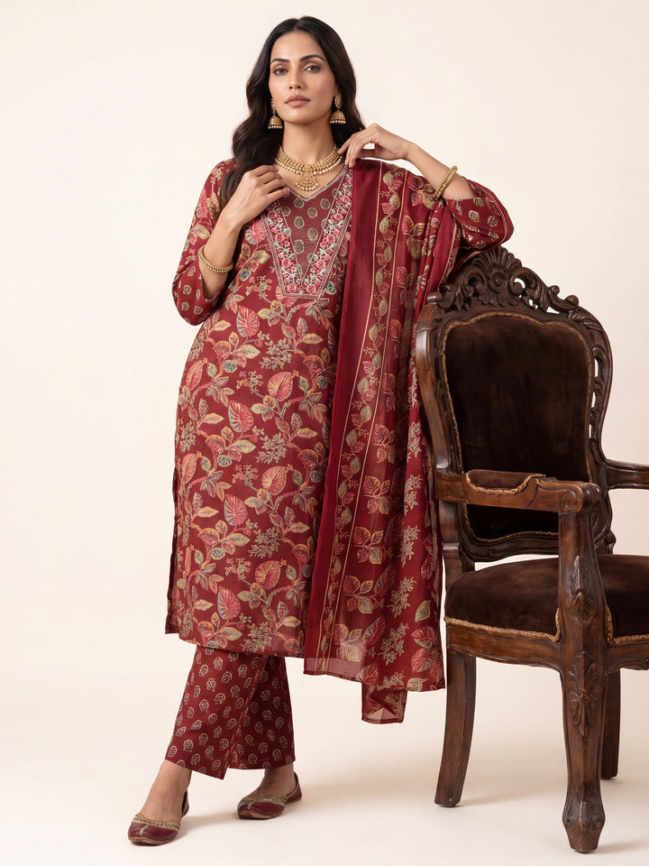 Gerua Maroon Floral Printed Cotton Blend Straight Suit Set With Dupatta