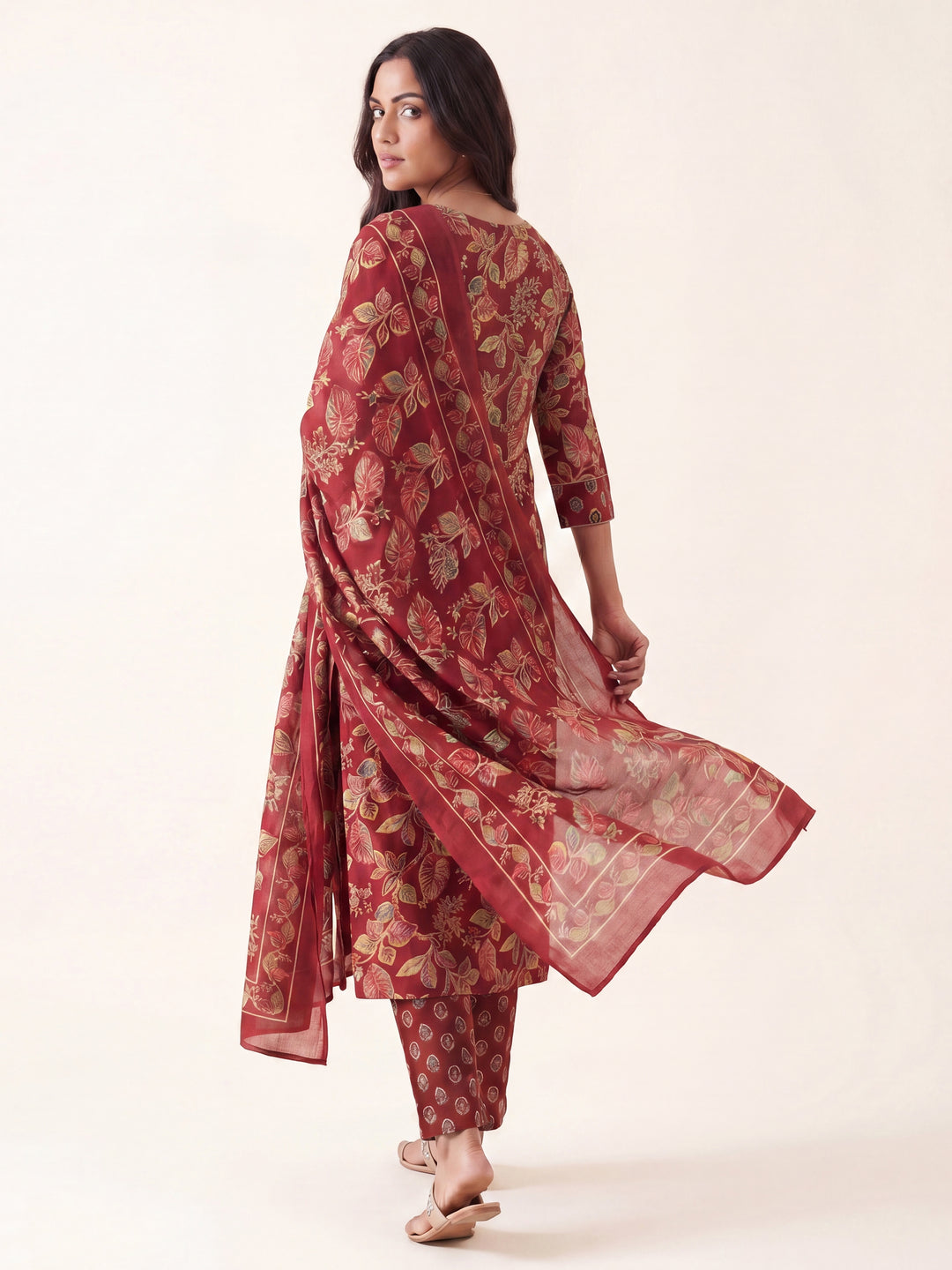 Gerua Maroon Floral Printed Cotton Blend Straight Suit Set With Dupatta