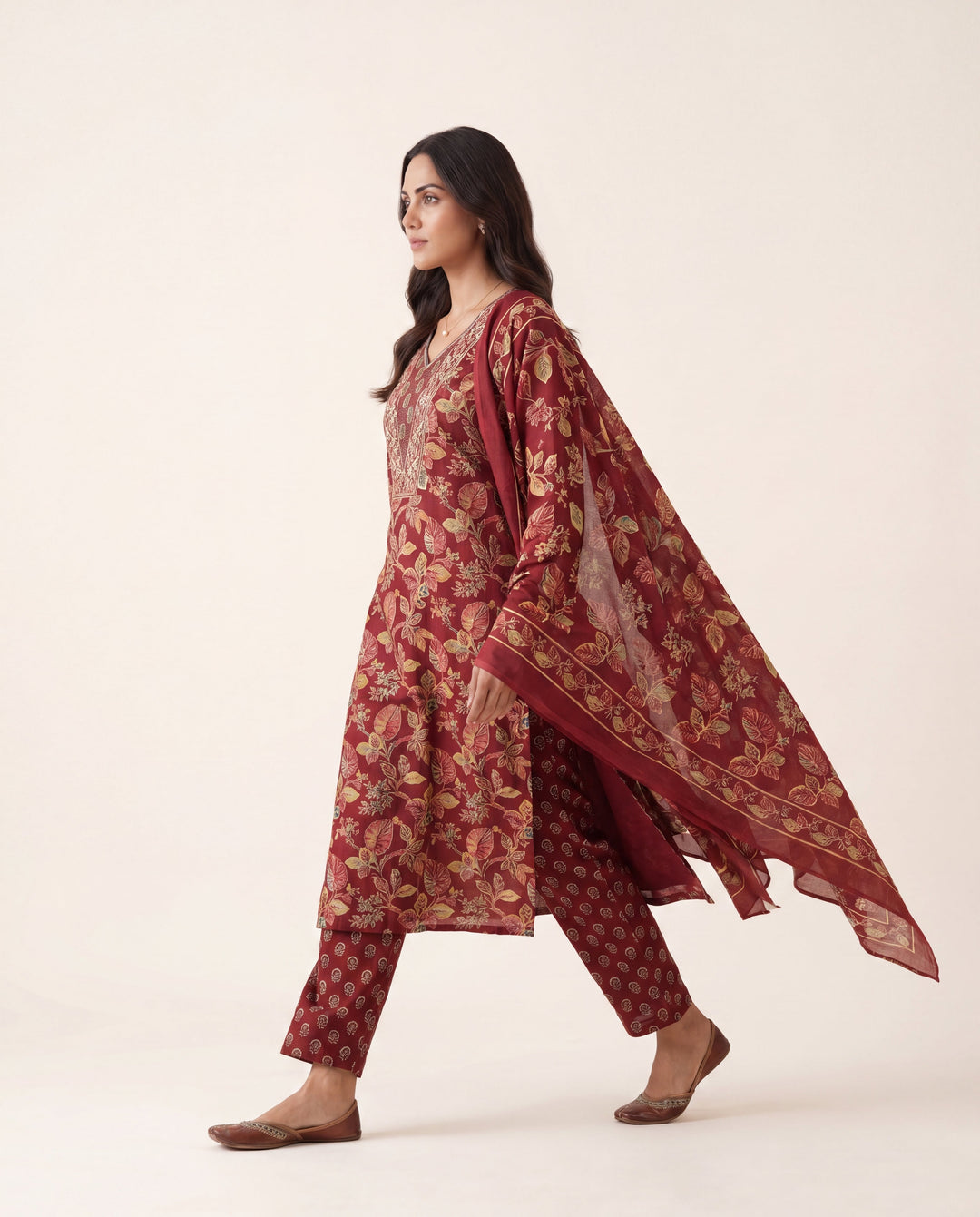 Maroon Floral Printed Cotton Blend Straight Suit Set With Dupatta