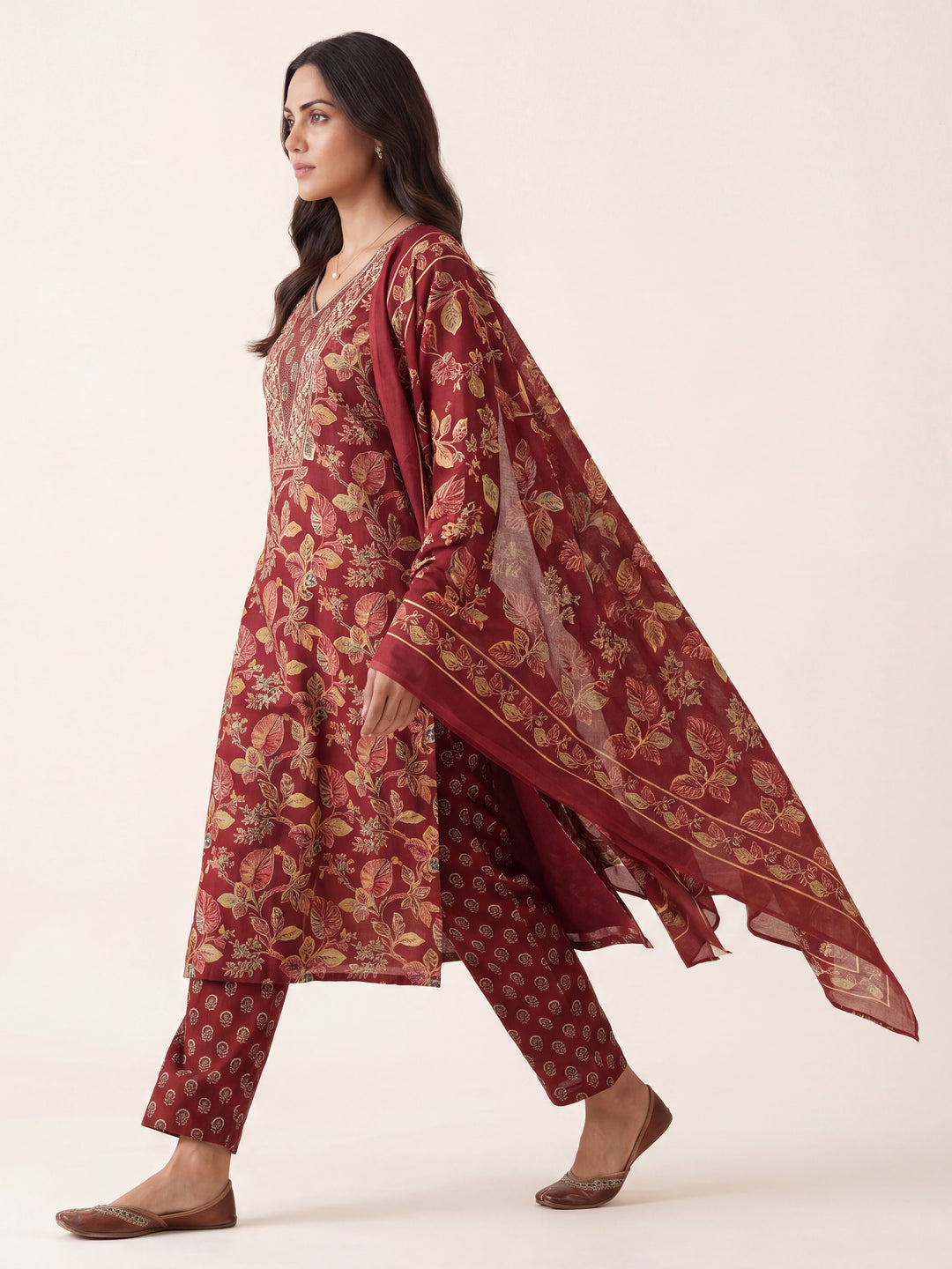 Gerua Maroon Floral Printed Cotton Blend Straight Suit Set With Dupatta