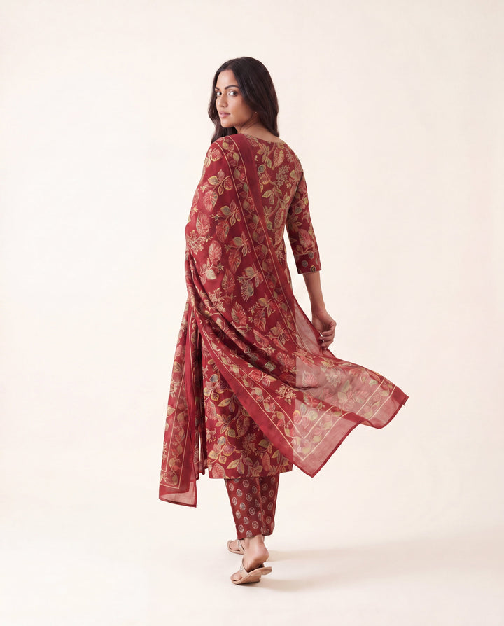 Maroon Floral Printed Cotton Blend Straight Suit Set With Dupatta
