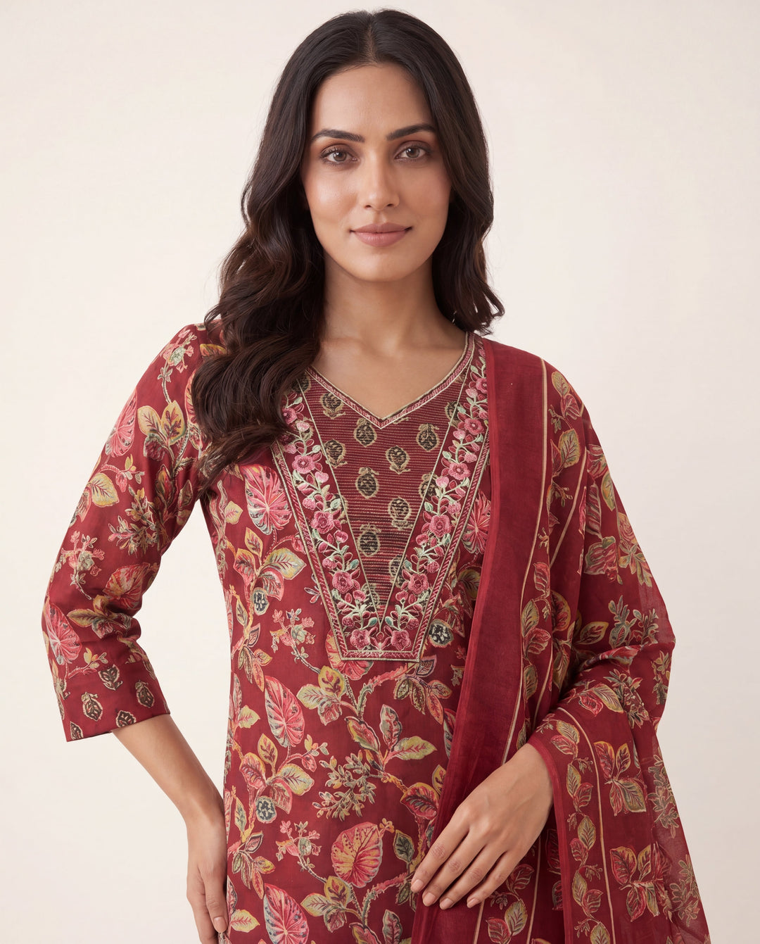 Maroon Floral Printed Cotton Blend Straight Suit Set With Dupatta