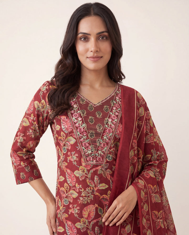 Maroon Floral Printed Cotton Blend Straight Suit Set With Dupatta