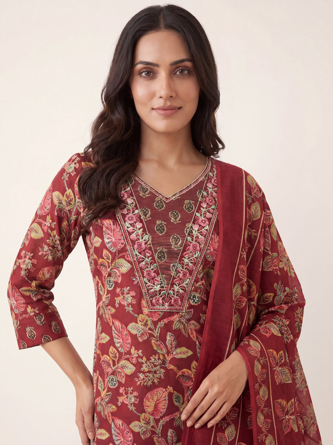 Gerua Maroon Floral Printed Cotton Blend Straight Suit Set With Dupatta
