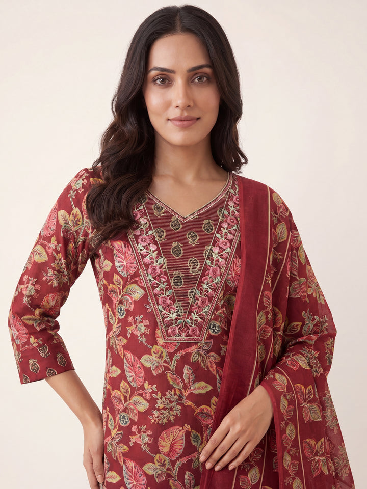 Gerua Maroon Floral Printed Cotton Blend Straight Suit Set With Dupatta