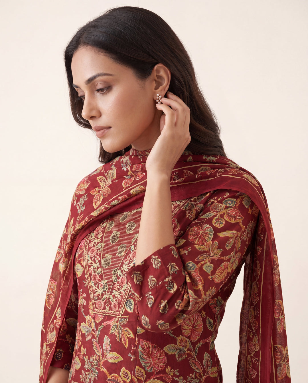 Maroon Floral Printed Cotton Blend Straight Suit Set With Dupatta