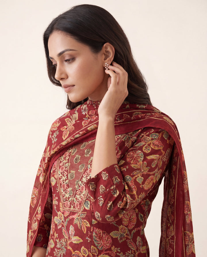Maroon Floral Printed Cotton Blend Straight Suit Set With Dupatta