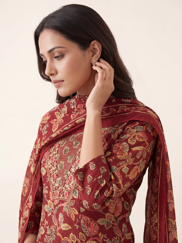 Gerua Maroon Floral Printed Cotton Blend Straight Suit Set With Dupatta