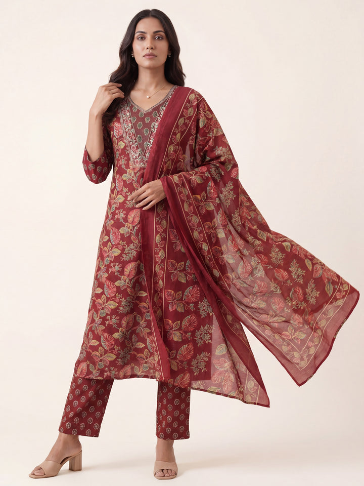 Gerua Maroon Floral Printed Cotton Blend Straight Suit Set With Dupatta