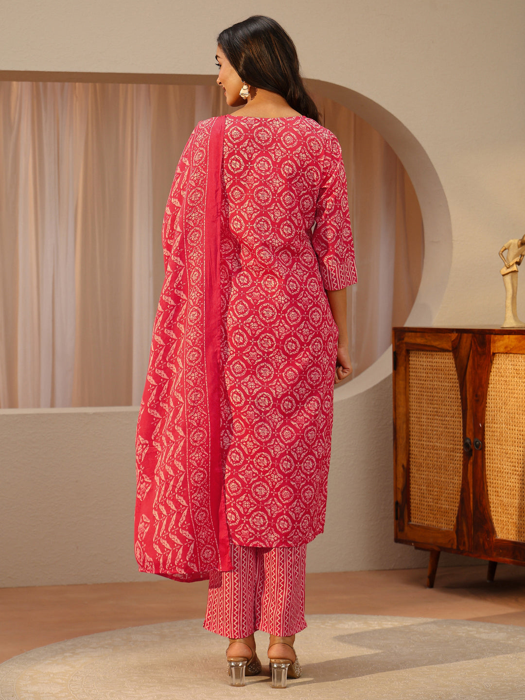 Red Ethnic Motifs Printed Cotton Blend Straight Suit Set With Dupatta