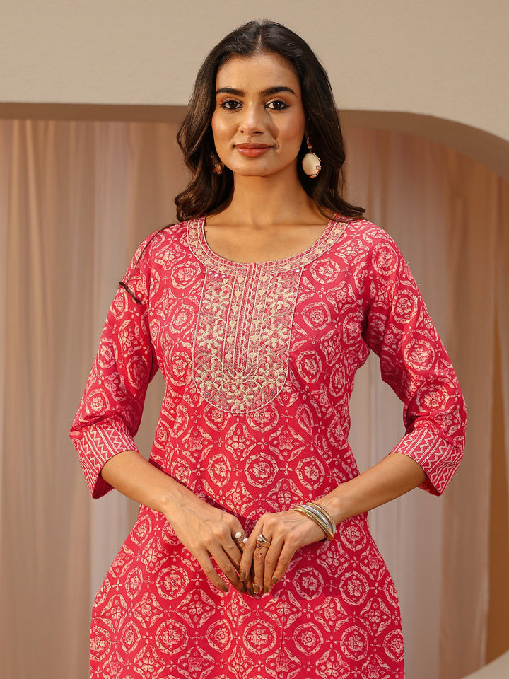 Red Ethnic Motifs Printed Cotton Blend Straight Suit Set With Dupatta