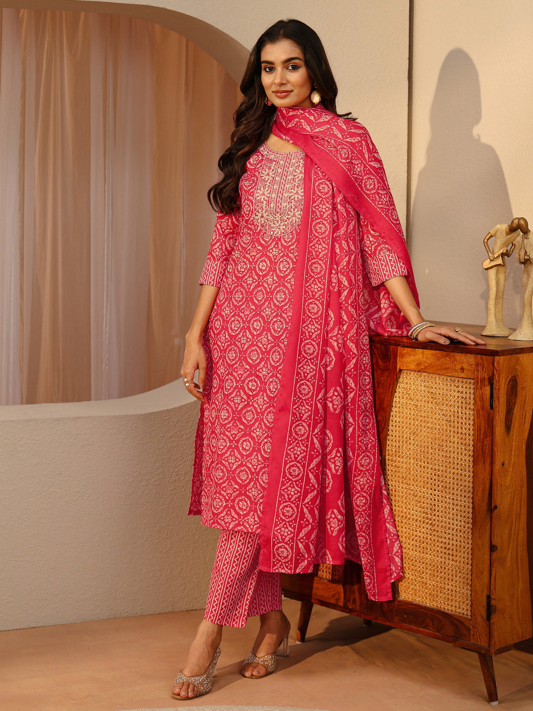 Red Ethnic Motifs Printed Cotton Blend Straight Suit Set With Dupatta