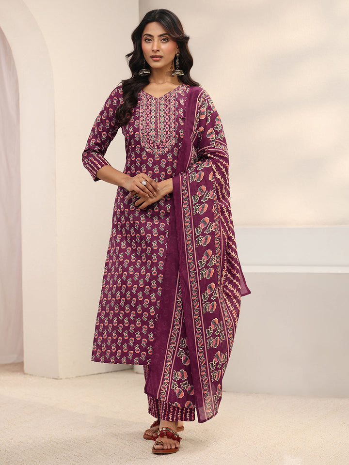 Burgundy Floral Printed Cotton Blend Straight Suit Set With Dupatta