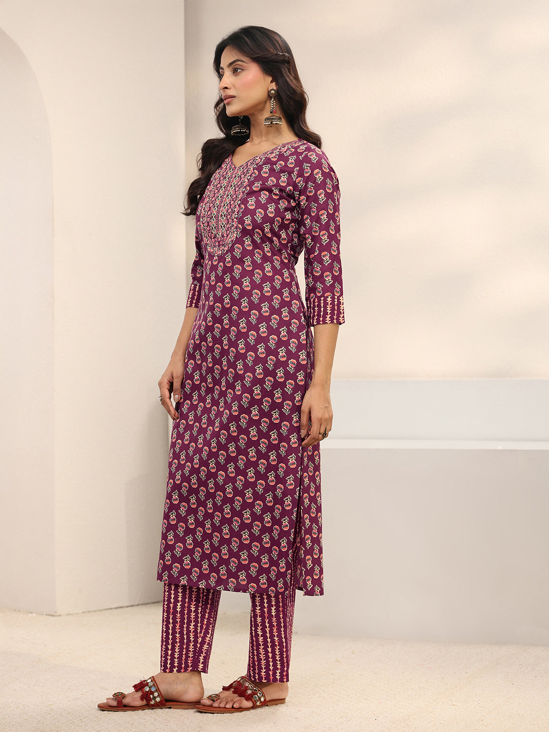 Burgundy Floral Printed Cotton Blend Straight Suit Set With Dupatta