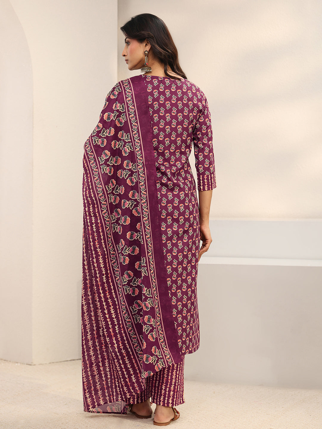 Burgundy Floral Printed Cotton Blend Straight Suit Set With Dupatta
