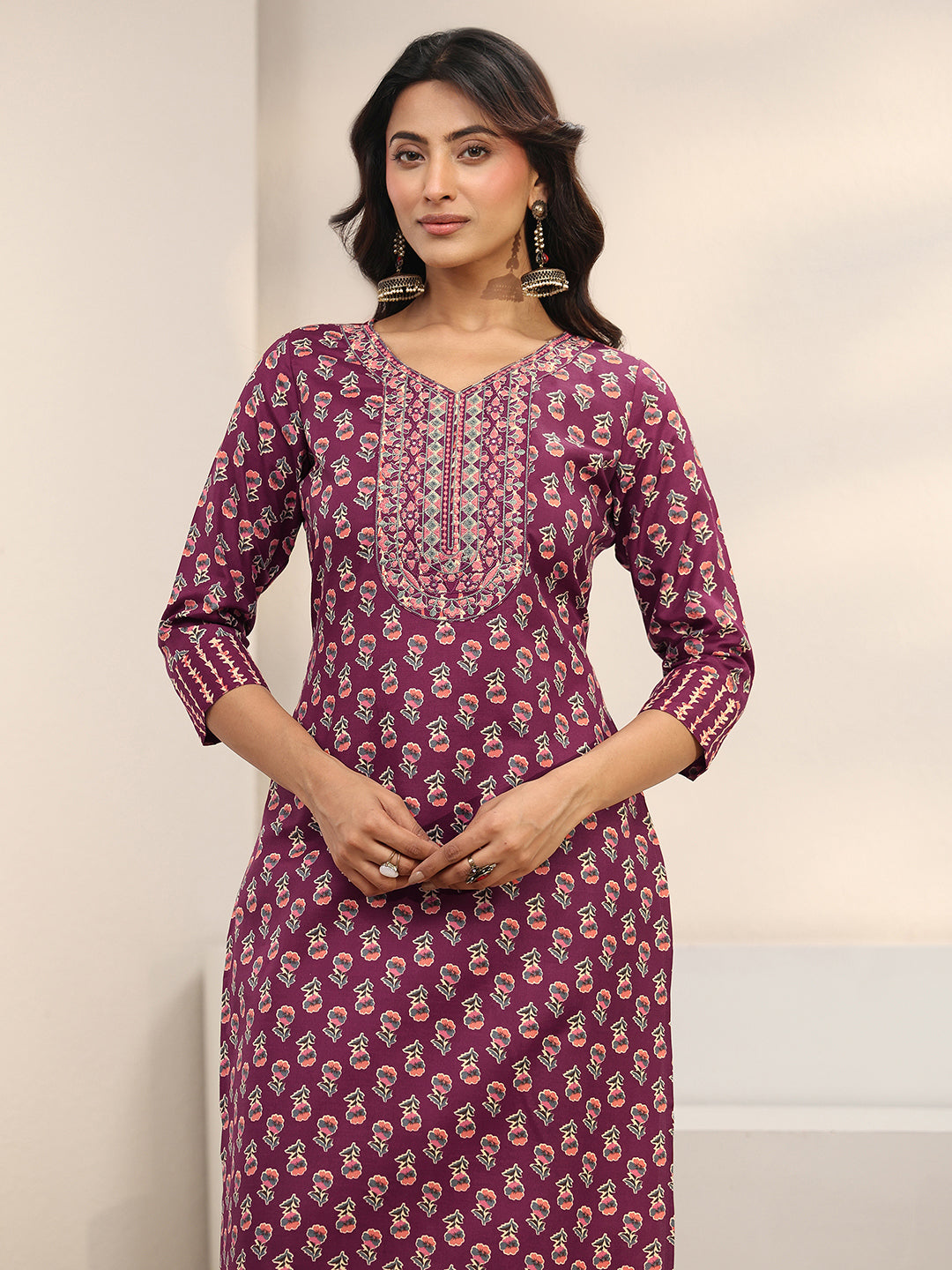 Burgundy Floral Printed Cotton Blend Straight Suit Set With Dupatta