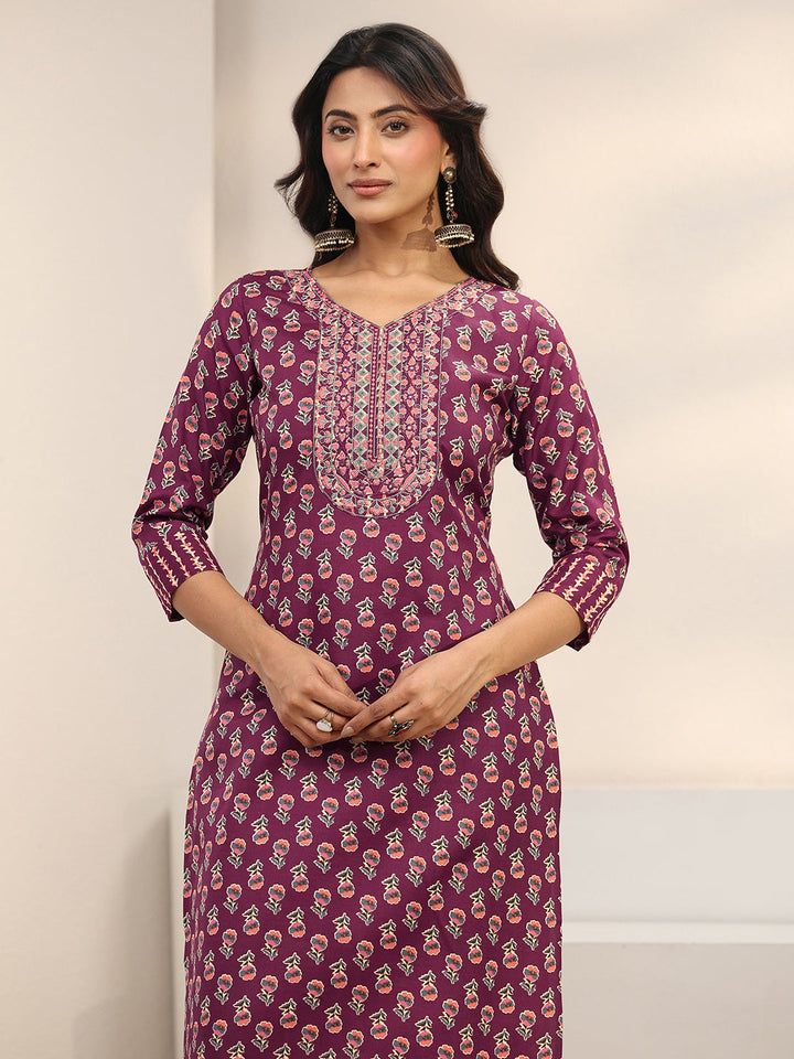 Burgundy Floral Printed Cotton Blend Straight Suit Set With Dupatta