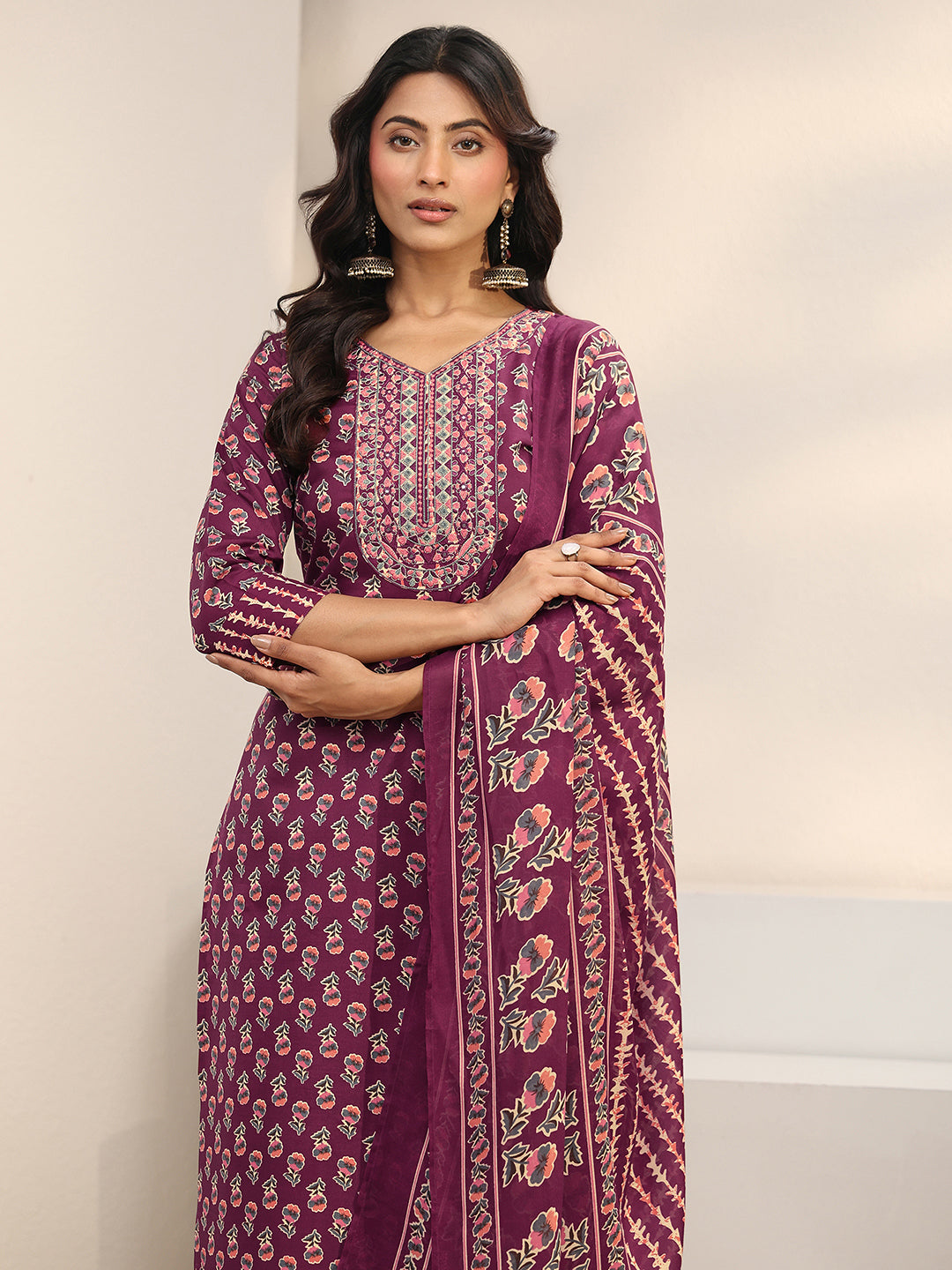 Burgundy Floral Printed Cotton Blend Straight Suit Set With Dupatta
