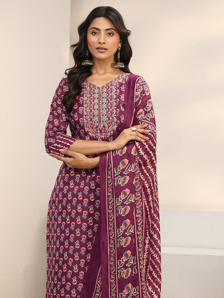 Burgundy Floral Printed Cotton Blend Straight Suit Set With Dupatta