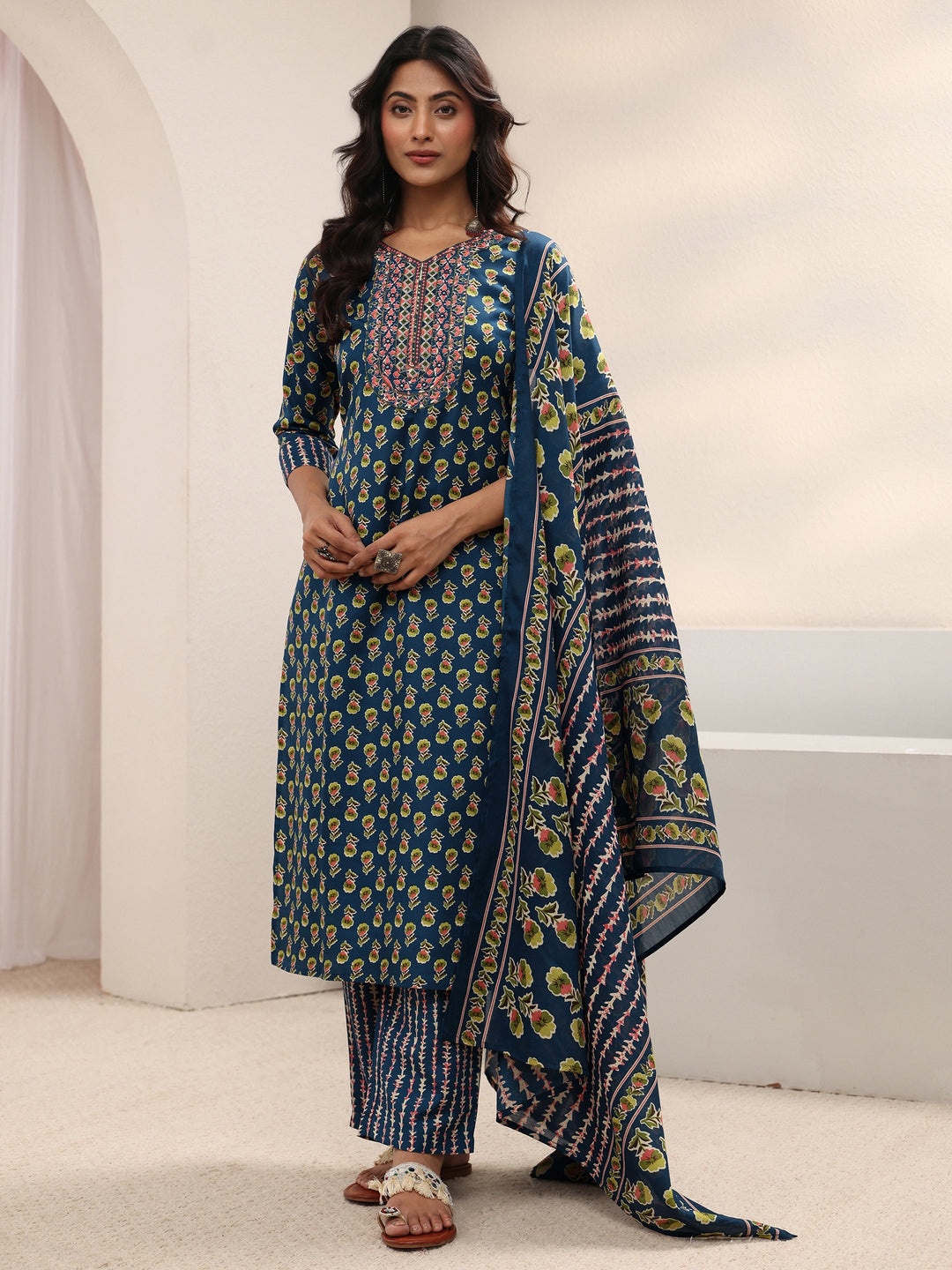 Blue Floral Printed Cotton Blend Straight Suit Set With Dupatta