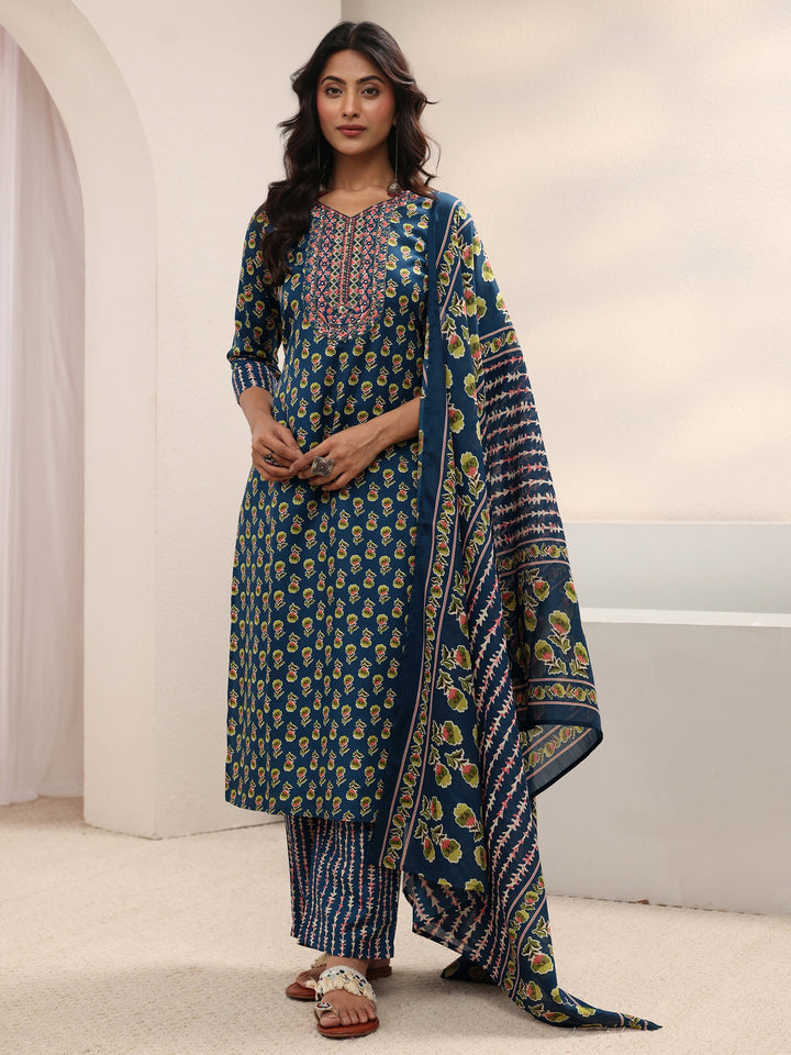 Blue Floral Printed Cotton Blend Straight Suit Set With Dupatta