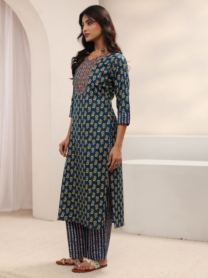 Blue Floral Printed Cotton Blend Straight Suit Set With Dupatta