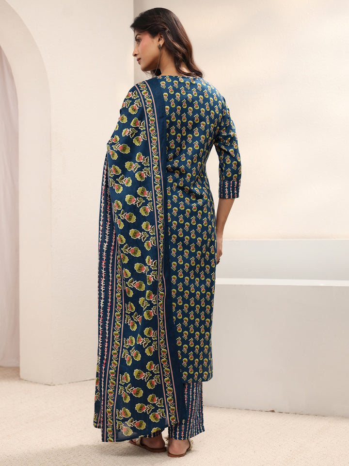 Blue Floral Printed Cotton Blend Straight Suit Set With Dupatta