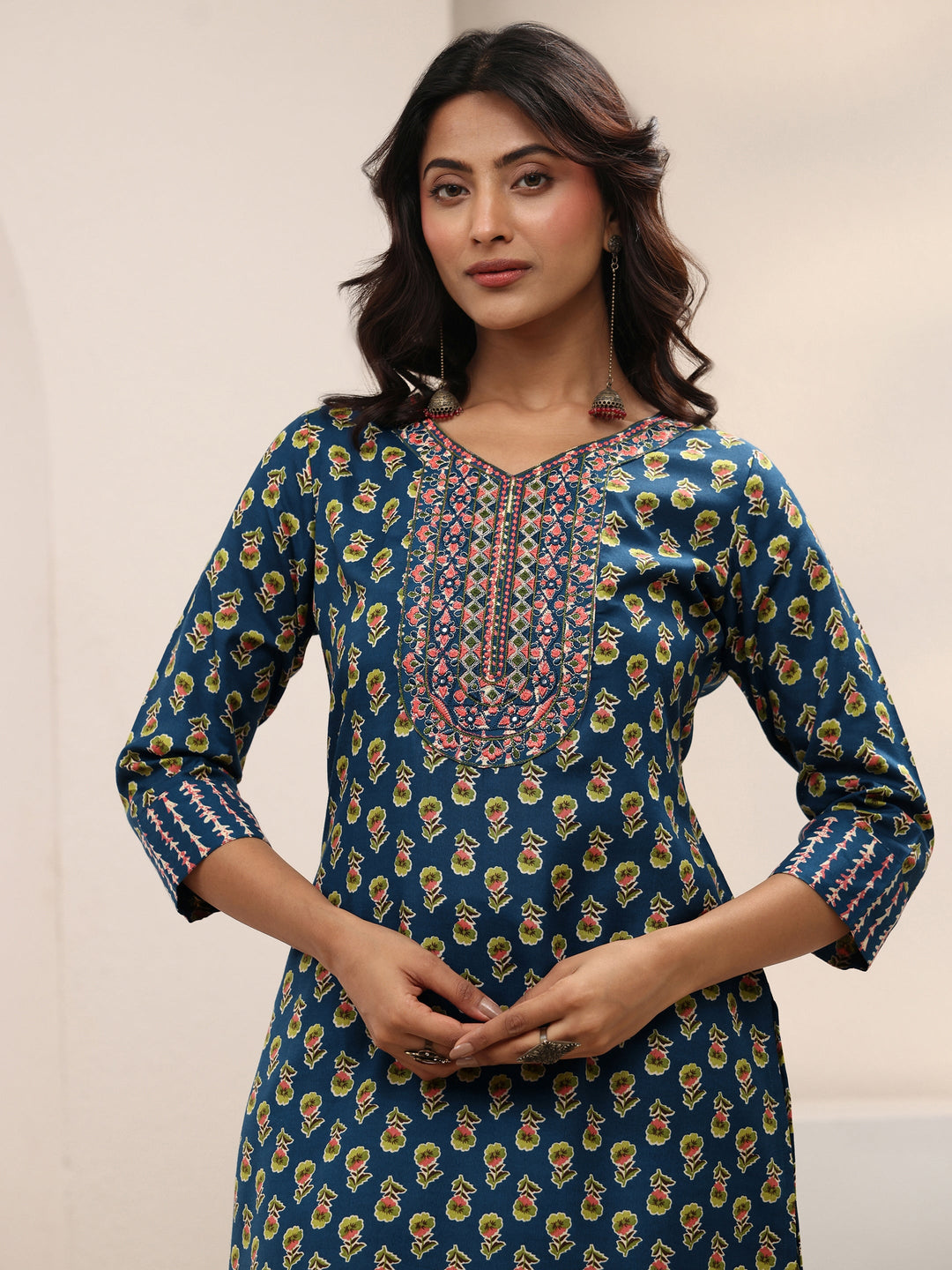 Blue Floral Printed Cotton Blend Straight Suit Set With Dupatta