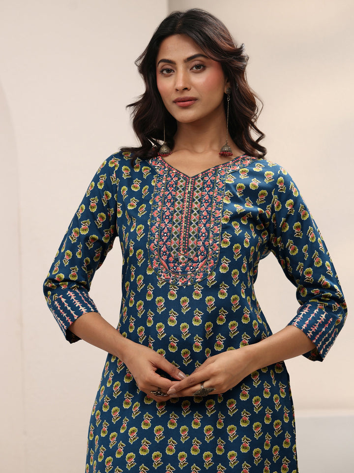 Blue Floral Printed Cotton Blend Straight Suit Set With Dupatta