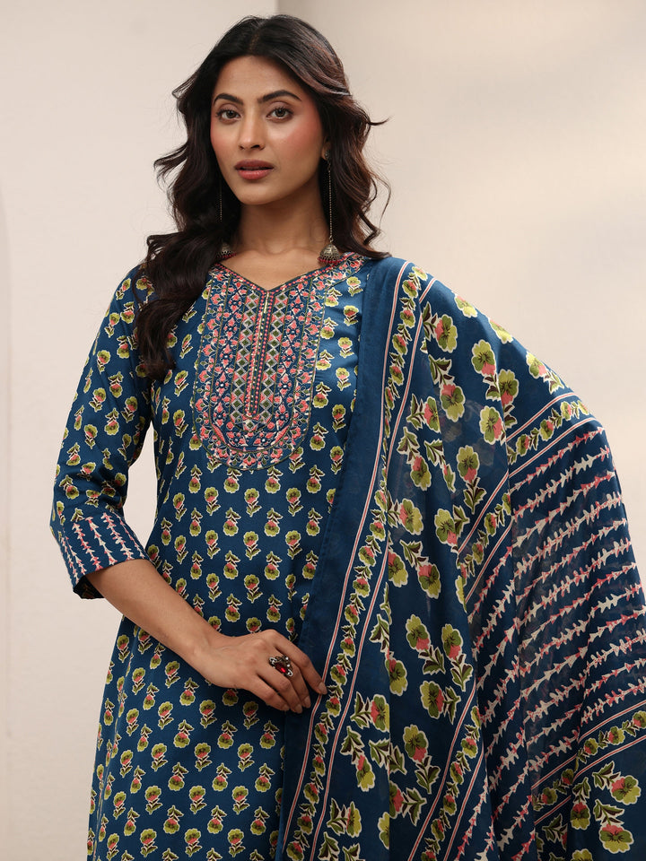 Blue Floral Printed Cotton Blend Straight Suit Set With Dupatta