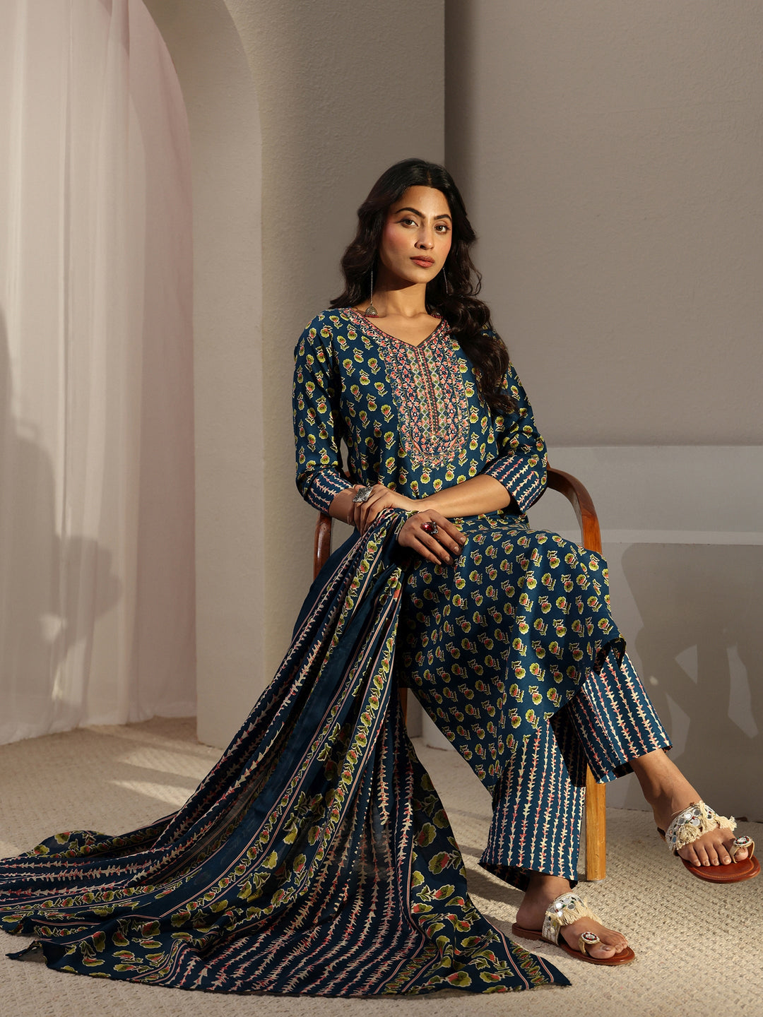Blue Floral Printed Cotton Blend Straight Suit Set With Dupatta