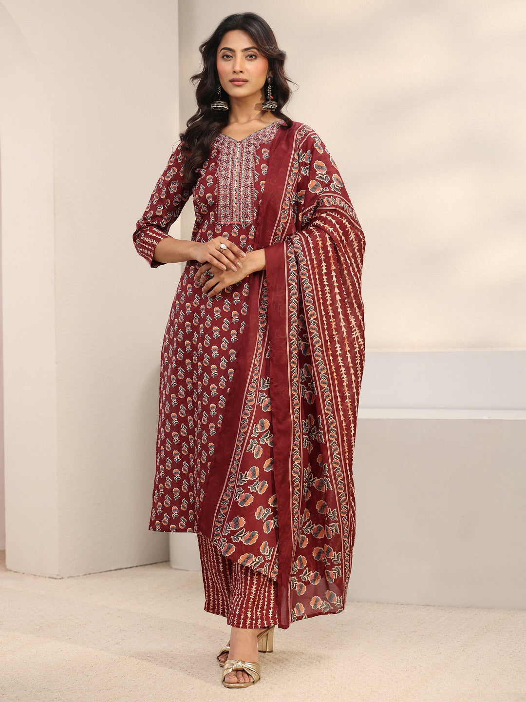 Maroon Floral Printed Cotton Blend Straight Suit Set With Dupatta
