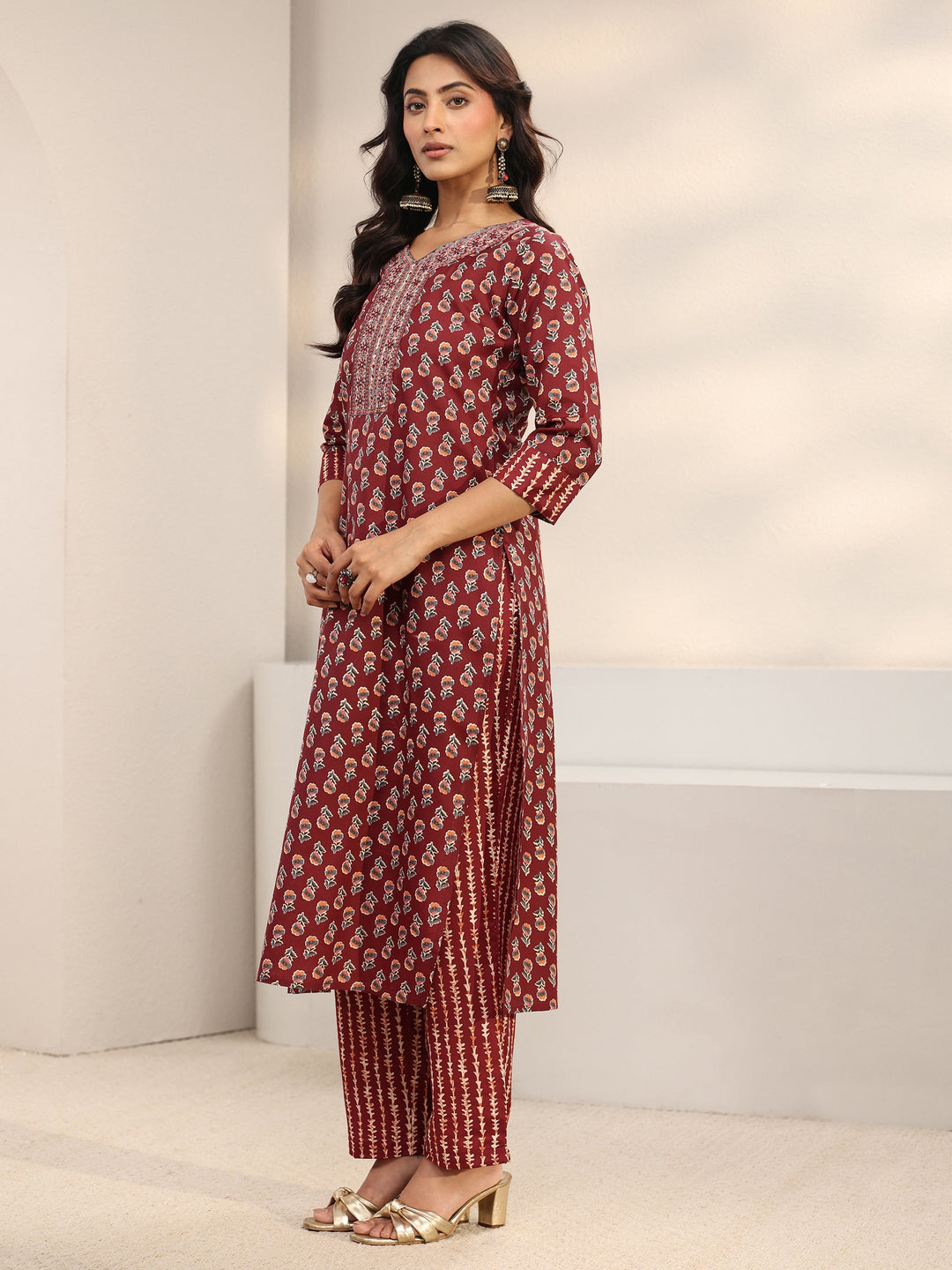 Maroon Floral Printed Cotton Blend Straight Suit Set With Dupatta