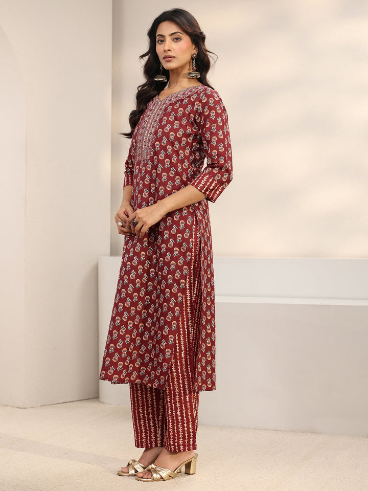 Maroon Floral Printed Cotton Blend Straight Suit Set With Dupatta