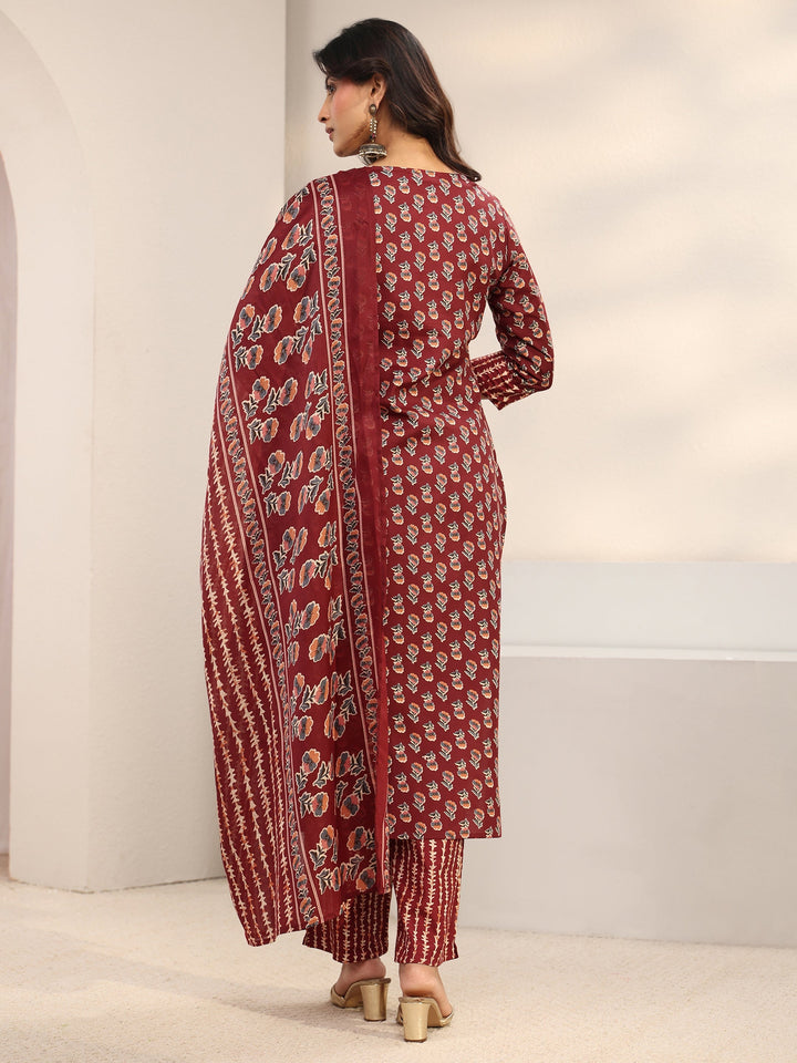 Maroon Floral Printed Cotton Blend Straight Suit Set With Dupatta