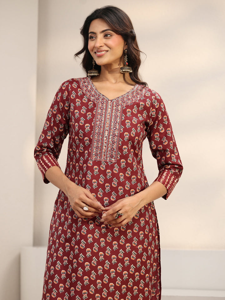 Maroon Floral Printed Cotton Blend Straight Suit Set With Dupatta
