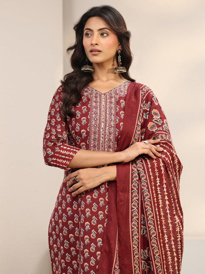 Maroon Floral Printed Cotton Blend Straight Suit Set With Dupatta