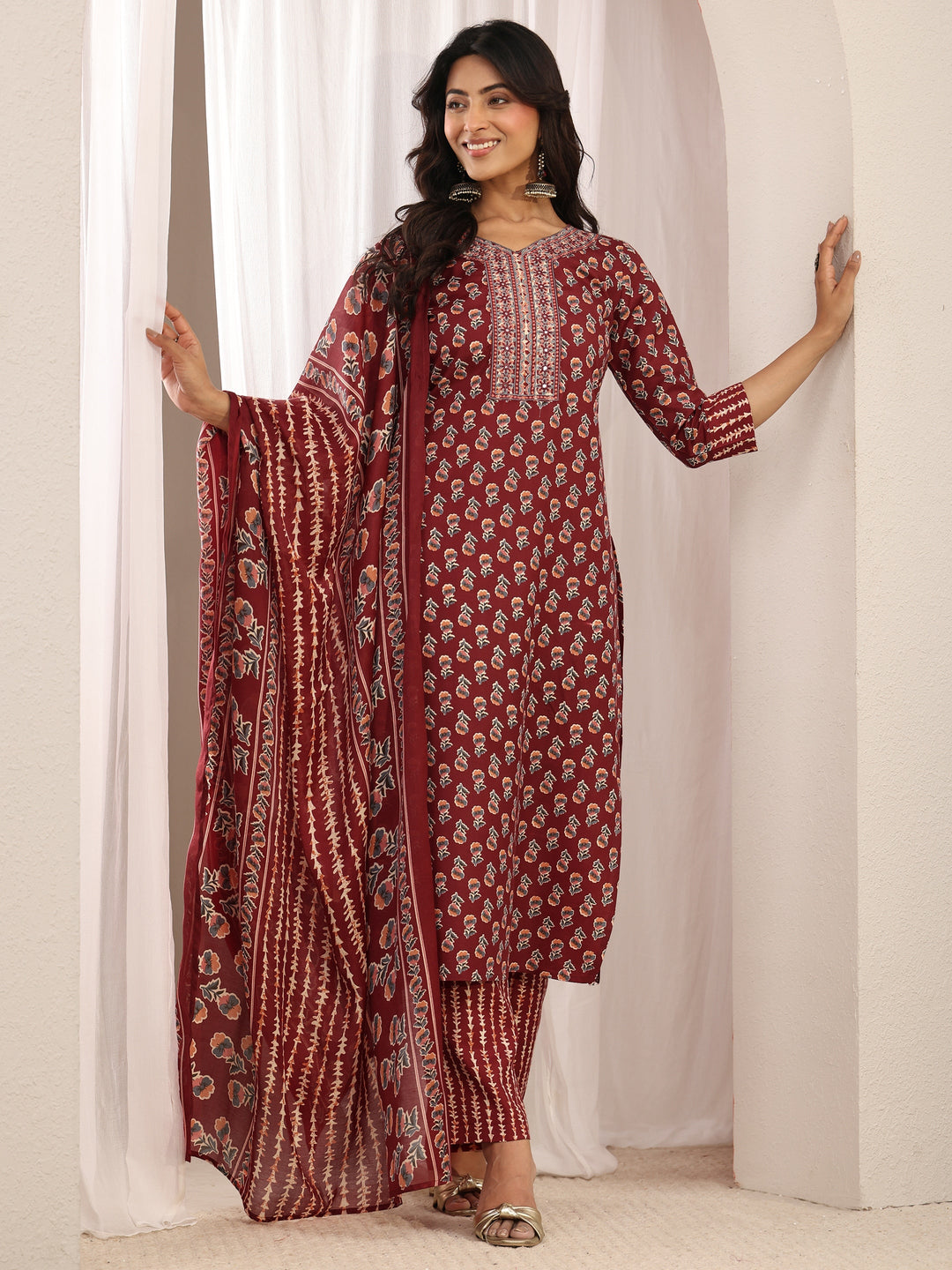 Maroon Floral Printed Cotton Blend Straight Suit Set With Dupatta