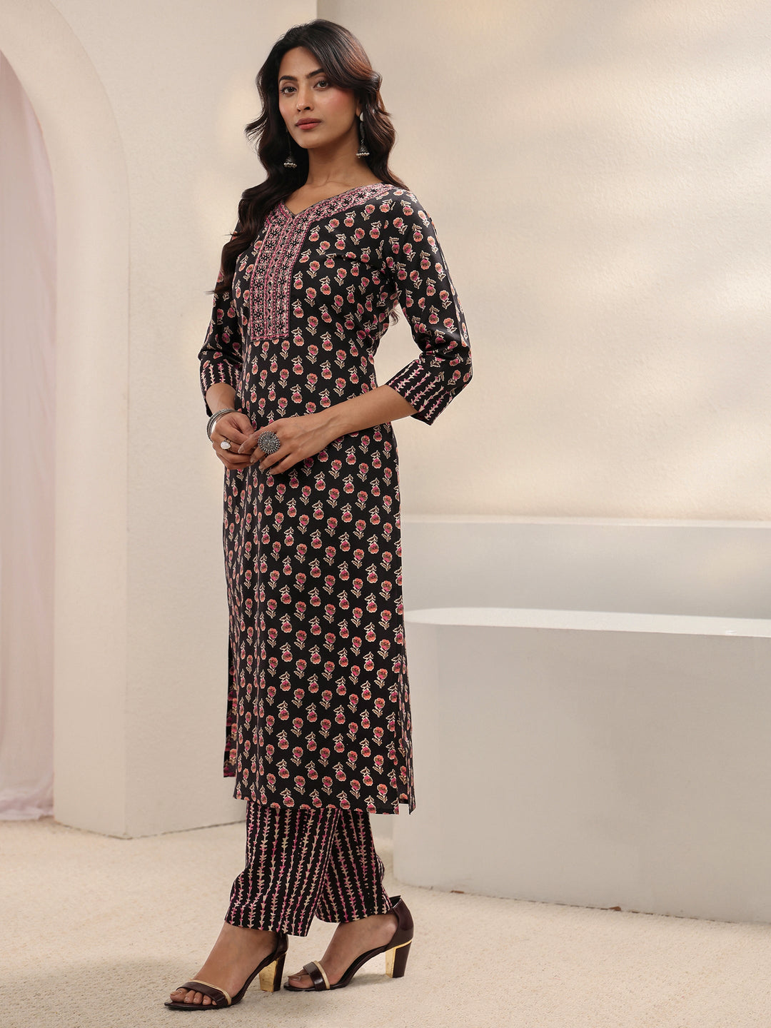 Black Floral Printed Cotton Blend Straight Suit Set With Dupatta
